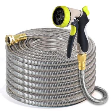 Imagem de Holldoor Mangueira de jardim de metal 15 m – Mangueira de água de aço inoxidável 304 com pulverizador de bocal, mangueiras de jardim flexíveis, leves, sem torção, resistente para uso externo (15 m)