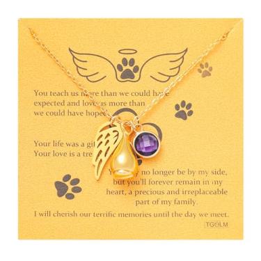 Imagem de TGOLM Colar de urna animal de estimação para presente de simpatia por perda de animais de estimação para cinzas, pingente de asa de anjo, pedra do mês de nascimento, joia de lembrança de cremação para