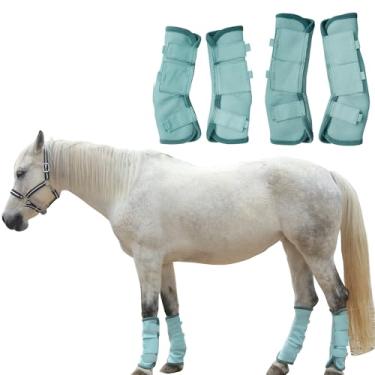 Imagem de TARFEPA Conjunto de 4 botas ajustáveis com mosca de cavalo, proteção de perna equina reduz pisadas, botas de malha respirável para cavalos, leggings de cavalo - azul aqua - pônei