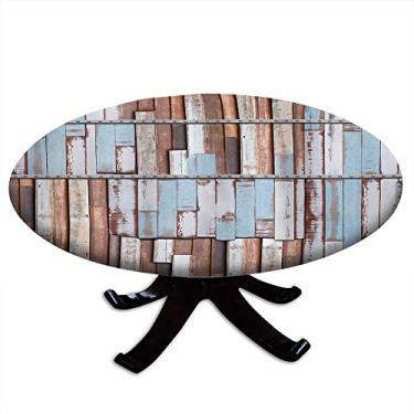 Imagem de Toalha de mesa redonda rústica, conceito náutico, longas pranchas de madeira, desenhos de árvores, parafusos enferrujados, impressão artística estilo country, borda elástica, para