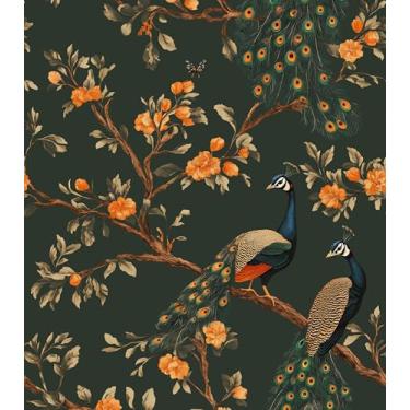 Imagem de Papel de parede de pavão descascar e colar, papel de contato floral vintage verde escuro 44,5 cm x 299,7 cm, papel de parede botânico autoadesivo removível à prova d'água para paredes de banheiro