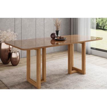 Imagem de Mesa p/ Cozinha Yara SC77 c/ Tampo Madeirado c/ Vidro Curvo 200x90cm Nature - Henn