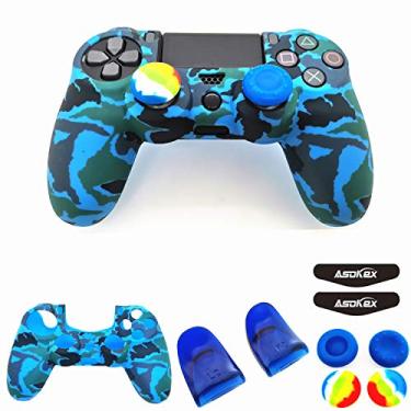 Imagem de Capa de silicone para controle Ps4 (1 capa antiderrapante, 1 par extensor de gatilho L2 R2, 4 peças de apoio para polegar, 4 peças de protetor de barra de luz de LED para controle DualShock PS4/Slim/Pro, Blue camouflage
