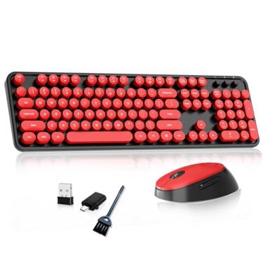Imagem de Teclado e mouse sem fio, teclado de máquina de escrever retrô COOFUN com teclas redondas, ergonômico de tamanho completo, ideal para Windows PC, casa, escritório e faculdade, preto e vermelho