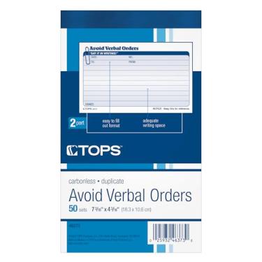 Imagem de TOPS Livro para evitar pedidos verbais, 2 partes, sem carbono, branco e canário, 11 x 16 cm, 50 conjuntos por livro (46373)