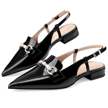 Imagem de Oh Mispares Sandálias rasteiras femininas com bico fino fechado de salto baixo com pérola, sem cadarço, douradas, sapatos rasos para mulheres, casamento, escritório, casual, Preto, 36