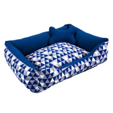 Imagem de Cama Caminha Pet para Cachorro ou Gato Médio 60cm x 47cm Lavável com Fundo Impermeável + Ossinho (Geométrico Marinho)