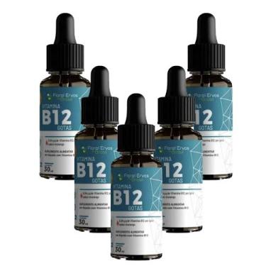 Imagem de Kit 5 Vitamina B12 Sabor Morango Metilcobalamina 5x30ml B12 Floral Erv