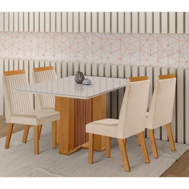 Imagem de Conjunto Sala de Jantar Mesa Lisboa com Tampo de Vidro 120cm e 4 Cadeiras em MDF Riviera LJ Móveis - Castanho Cinamomo/ Creme/Off White