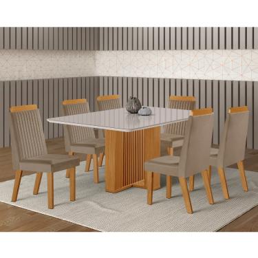 Imagem de Conjunto Sala de Jantar Mesa Lisboa com Tampo de Vidro 180cm e 6 Cadeiras em MDF Riviera LJ Móveis - Castanho Cinamomo/ Capuccino/Off White