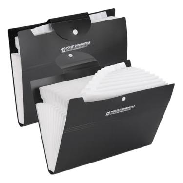 Imagem de Organizador de arquivos sanfonado de 2 peças com 12 bolsos – pasta de arquivos expansível para papel, pasta portátil com vários bolsos para material de escritório escolar, preto