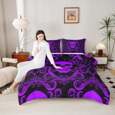 Imagem de Feelyou Conjunto de edredom damasco para crianças, meninos, meninas, Queen, crânio de açúcar, decoração boêmia de esqueleto de osso gótico, edredom barroco vitoriano antigo, decoração de quarto floral
