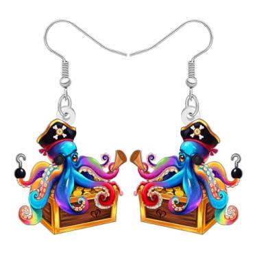 Imagem de DALANE Brincos de polvo pirata engraçados de acrílico, animais marinhos fofos com taça de vidro, acessórios de joias, presentes de polvo, presentes para mulheres, amantes de praia, pingentes de férias
