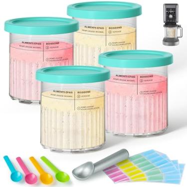 Imagem de GuanQiao Pacote com 4 frascos e tampas de creami Deluxe, 680 g, compatível com máquinas de sorvete Ninja NC500 NC501, livre de BPA, lavável na lava-louças, azul