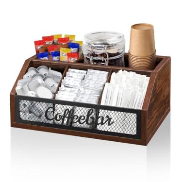 Imagem de Organizador de estação de café para balcão, cesta de madeira com divisórias removíveis, acessórios de café de escritório para decoração de xarope, xícaras, agitador, chá