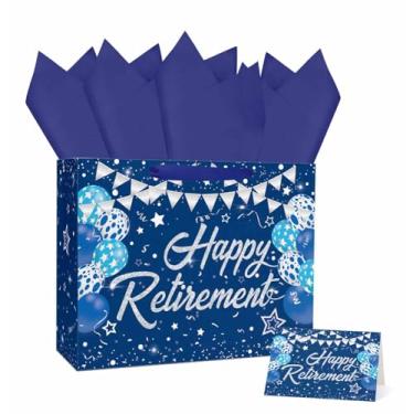 Imagem de MUNILAIL Saco de presente de aposentadoria azul marinho de 33 cm, grande, com alça de papel de seda e cartão comemorativo para mulheres, homens, escritório, colega de trabalho, despedida