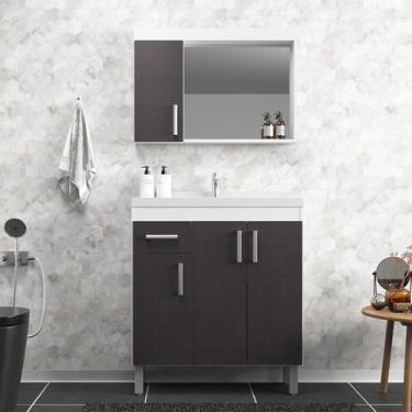 Imagem de Gabinete de Banheiro 80cm com Cuba e Espelheira Branco/Grafite - Cewal