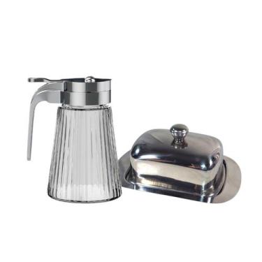 Imagem de Kit Mesa Posta Com Meleira Bico Dosador De Vidro E Manteigueira Inox -