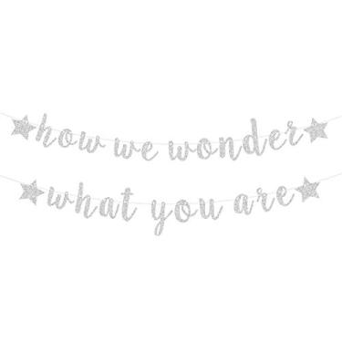 Imagem de How We Wonder What You Are Pre-Strung banner de prata brilhante cintilante pequeno estrela chá de bebê gênero revela decorações de festa para meninos ou meninas