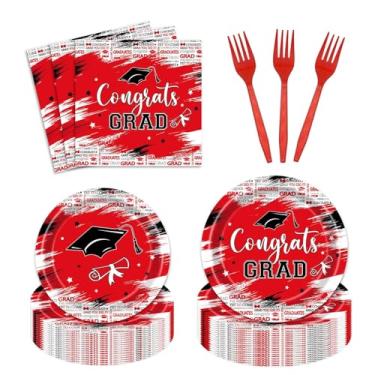 Imagem de Conjunto de 96 peças de artigos de festa de formatura preto e vermelho conjunto de utensílios de mesa Gongrats Grad Class of 2025 decoração de festa de formatura pratos guardanapos garfos para 24