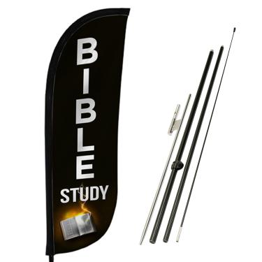 Imagem de LookOurWay Conjunto de bandeira de penas, bandeira de publicidade de 1,5 m com postes e espigão de solo para promoção de negócios, tema da igreja (estudo da Bíblia)