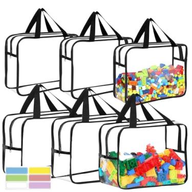 Imagem de 6 pacotes grandes de sacos de armazenamento de brinquedos com etiquetas, armazenamento de jogos de tabuleiro de PVC transparente reutilizável, bolsas organizadoras à prova d'água para viagem com zíper