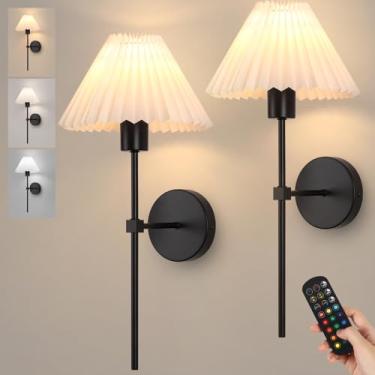 Imagem de Arandelas de parede recarregáveis operadas por bateria com 2, arandela de parede sem fio de 15 cores, luminária de parede preta com lâmpadas reguláveis e controle remoto, lâmpadas de parede sem fio