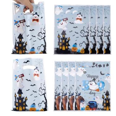 Imagem de 100 Saquinhos Lembrancinhas Little Boo Azuis, 25x18cm Fantasminha Fofo Saquinhos de Doces e Guloseimas Embalagem Doces Impressão Dupla Face Plástico para Presente de Chá Bebê Halloween (Azul)