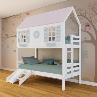 Imagem de Beliche Casinha Bela com Coração Kit Escada/Escorregador - Madeira Maciça Branco/Rosa/Verde | Megamobilia