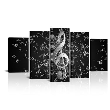 Imagem de VANSEEING 5 peças de arte de parede em tela musical notas musicais impressões de imagens preto e branco arte moderna decoração de parede para sala de aula sala de estar estúdio doméstico total 152 cm
