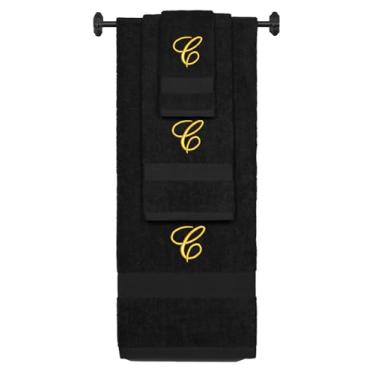 Imagem de Toalha de banho de algodão felpudo bordada personalizada, conjunto de toalha de mão e toalha de banho - Conjunto de toalhas pretas, letra C dourada Diana com letra C