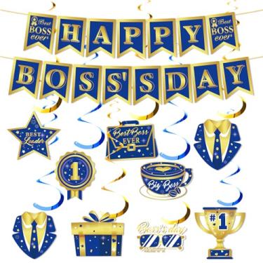 Imagem de 34 peças decorações de dia do chefe faixa feliz dia do chefe redemoinhos pendurados para homens Best Boss Ever bandeira guirlanda azul e dourada NO-DIY decoração de lembrancinhas de festa do chefe