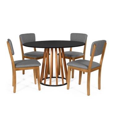 Imagem de Mesa De Jantar Redonda Gabi Nat/pret Com 4 Cadeiras Estofadas Ella Cinza Escuro