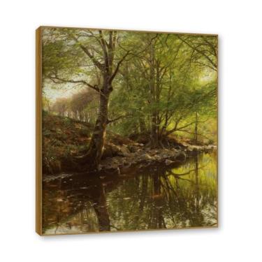 Imagem de Moldura externa de teca. Famosas pinturas a óleo (paisagem 14) por Peder Mork Monsted, reprodução impressa em tela, arte de cenário para decoração de sala de estar. 50 x 60 cm - 19,6 x 23,6 pol