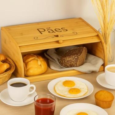 Imagem de Porta Pão Grande de Bambu com Tampa Retrátil Ecológico 40x26x18 (Pães - Coração)