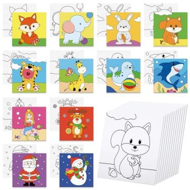 Imagem de Anseal 12 pacotes de telas pré-desenhadas para pintar, 10 x 10 cm, pintura em tela pré-impressa animal para crianças, quadros de pintura de contorno esticado para iniciantes, estudantes, lembrancinhas