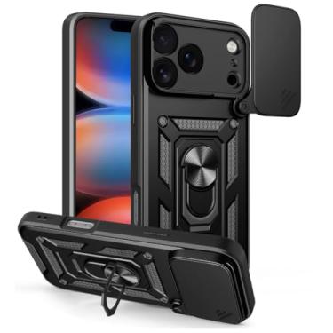 Imagem de HAOMRIYL Capa magnética para iPhone 17 Pro Max/17 Pro/Air/17, capa protetora de lente de cobertura total, capa rígida com suporte ajustável giratório, preta, 17 Pro