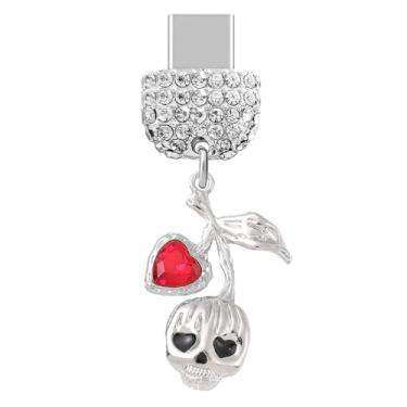 Imagem de ELISE & FONDA TP913 Tipo-C porta de carregamento cristal antipoeira plugue pequeno caveira de Halloween com corações amorosos pingente de celular para iPhone 15/16/Samsung/OnePlus/Xiaomi/oppo