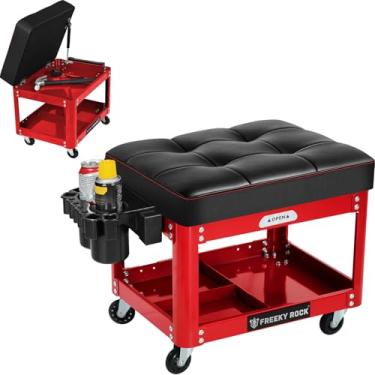 Imagem de Banco de mecânico de rolamento com rodas, banco de mecânico de garagem com bandeja de ferramentas de reparo de 2 camadas, assento giratório de 360° acolchoado, cadeira de loja, resistente, capacidade
