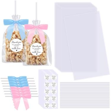 Imagem de JarThenaAMCS 50 peças Saco de petisco de arroz transparente Krispie para chá de bebê, com laço de fita, adesivo de agradecimento, sacos planos de celofane para doces de celofane para revelação de