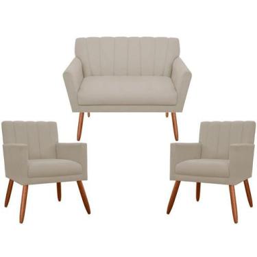 Imagem de Kit Namoradeira + 2 Poltronas Decorativa Cecília Suede Bege Pés Madeir