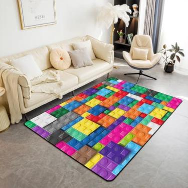 Imagem de Tapete 3D, blocos de montar, tapete de área de 7,5 x 12,5 cm, tapetes de construção para sala de estar, crianças, meninos, tijolos, arco-íris, lavável, tapete lavável, tapete colorido, decoração de