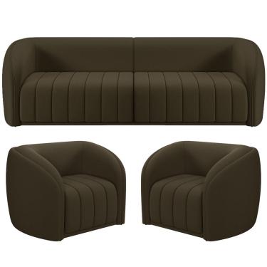 Imagem de Kit Sofá 4 Lugares Para Sala 292cm com 02 Poltronas Lazio M03 Veludo Marrom - Lyam Decor