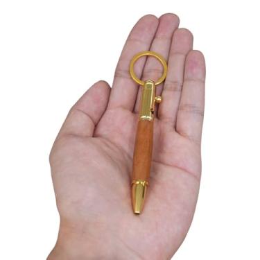Imagem de Origin-Joy Mini caneta esferográfica EDC Bolt Action, porta-chaves pequeno com bolso de viagem, caneta esferográfica de madeira curta compacta e tátil com 5 refis de substituição (tom dourado, estilo