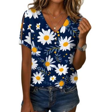 Imagem de Camisa feminina Medlor, manga curta, floral, solta, decote em V, 2025,