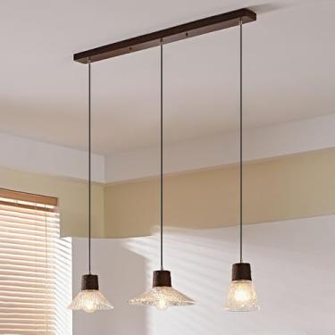 Imagem de Luminária pendente de 3 luzes, luminária de mesa de jantar, lustre longo, luminária de teto, luzes suspensas vintage de madeira com ilha de cozinha de vidro transparente, lâmpadas suspensas