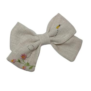 Imagem de Laço em linho puro bordado a mão. Abelhinha e flores (Cru)