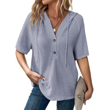 Imagem de Blusas femininas Dokotoo Waffle Knit de manga curta com capuz Beau Blu