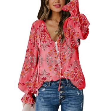 Imagem de Blusa feminina Biucly com decote em V, manga comprida, floral, vermelh