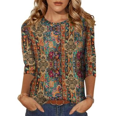 Imagem de Blusa Zeagoo Boho para mulheres com gola redonda e manga 3/4, caimento